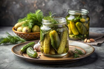 Crispy pickles in a clear glass jar on the table, covered with a linen tablecloth. Whole green small cucumbers with dill and garlic. Delicious canned vegetables. We close the cucumbers for the winter.