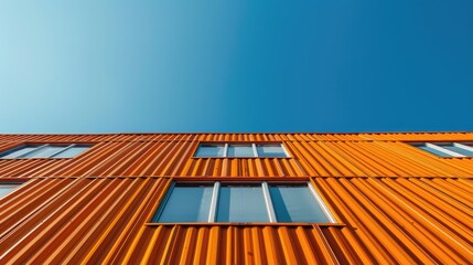 Metal sheets in orange hue Building with contemporary and simplistic design under clear blue sky