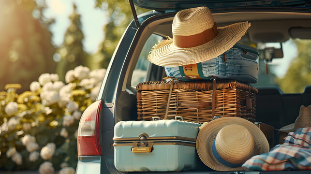 A car trunk is packed with luggage and a straw hat for a trip