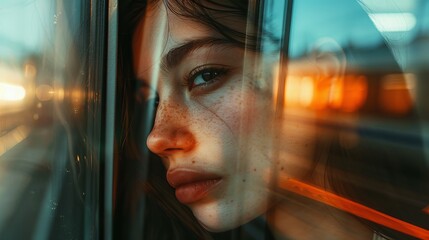 Young Woman Deep in Thought Reflecting in Train Window with Golden Lights