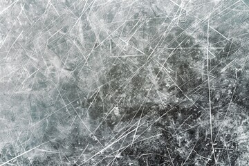 Fototapeta premium Close-up of an ice hockey rink surface, showcasing a detailed network of scratches and lines in a cool grey tone