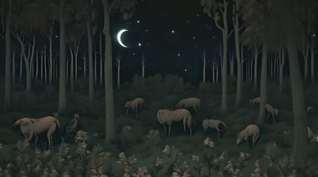 Illustration of wolves in a forest at twilight with a starry sky.