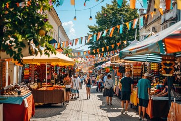 Bustling Outdoor Market Street Festooned with Colorful Flags