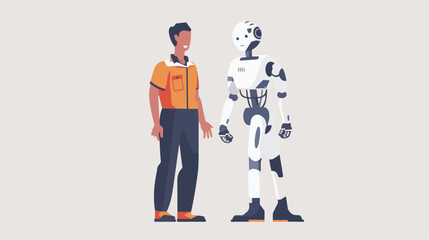 Man and cyborg working together flat vector illustration
