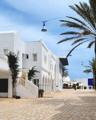 Djerba Tunezja - uliczka z białymi budynkami i palmami © Darcos