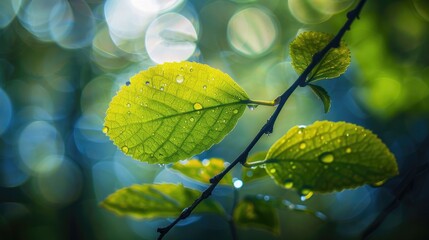 Close up macro photography capturing the beauty of a green leaf on a tree twig in the forest ecosystem