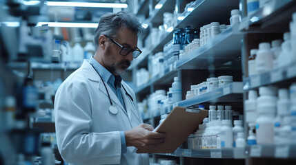 A pharmacist checks a clipboard in a pharmacy. The careful work of managing a pharmacy. Generative AI.