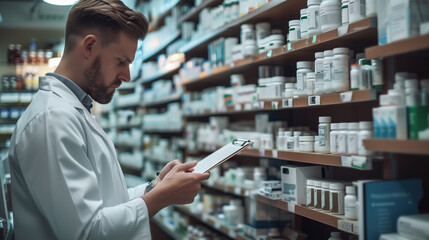 A pharmacist checks a clipboard in a pharmacy. The careful work of managing a pharmacy. Generative AI.