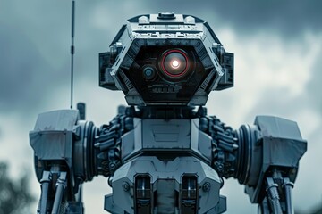 A close-up view of a robot against a sky background