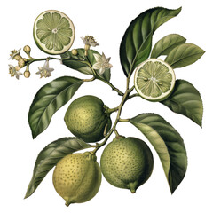 Fototapeta premium Old botanical illustration of a lime isolated on a transparent background, capturing the fruit's detailed anatomy and natural beauty in a classic style.