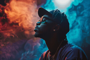 Side profile of stylish rapper in vibrant smokey background