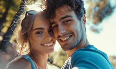 A young couple in love takes a selfie. Against the backdrop of summer nature. Selfie against nature background.