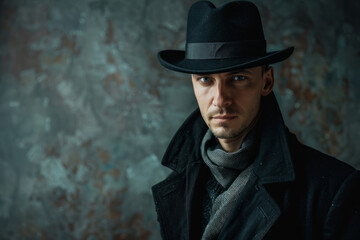 Mysterious man in black hat and coat with gray scarf