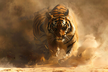 tiger with angry expression with dust smoke effecttiger with angry expression with dust smoke effect