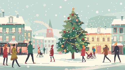 Men and women walking around big Christmas tree on street