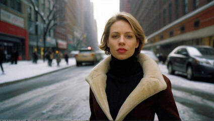 Obraz premium Portrait of the beautiful young woman on the street, early 2000s era fashion style, clean lines, neutral colors, and simple silhouettes.