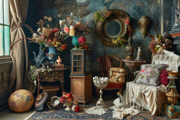 Vintage interior with antique decor and floral arrangements