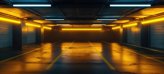 empty dark garage with yellow neon lights. ai generative