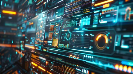 Futuristic digital dashboard interface displaying data and graphs in neon colors. Concept of technology, data analysis, and user interface design.