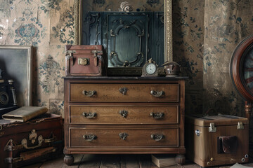 Vintage dresser and retro decor in antique room interior