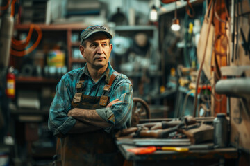 Experienced shop foreman in workshop with crossed arms