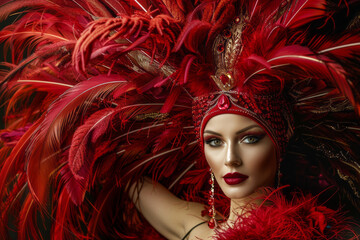 Showgirl with elaborate red feather headdress and makeup