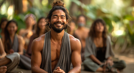 mental health retreat, people happily participating in wellness activities at a tranquil retreat, guided by an asian meditation teacher in a peaceful garden with gentle breeze rustling leaves