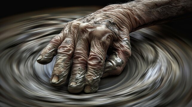 A persons hand on top of a circular Lipik Pottery object being shaped on a spinning wheel.