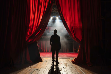 Silhouette of actor standing on stage behind red curtains