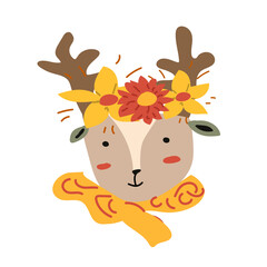 Autumn fall thanksgiving animal character with fall leaves and harvest. Wild animal greeting card for thanksgiving holiday, autumn festival, harvest celebration design.