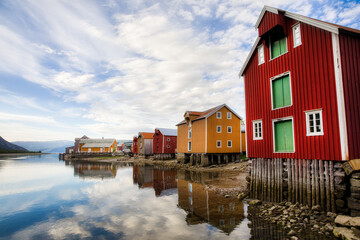 Picturesque Buildings in the Area Sjogata (The Sea Street) at the Mouth of River Vefsna in Mosjoen, Nordland, Norway