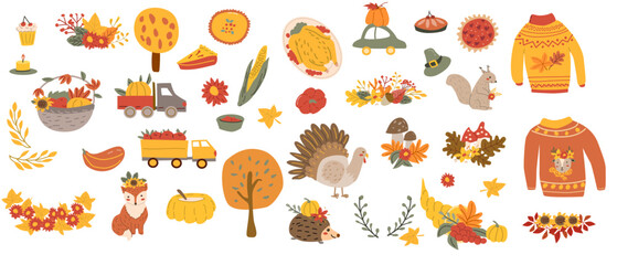 Autumn fall thanksgiving elements set with harvest icons. Collection of fall leaves, farm stickers, animal characters and turkey, cornucopia. Hand drawn autumn characters and harvest, food vectors.