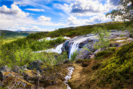 The Beautiful Waterfall Orvvosfossen near Gargia Lodge in Alta, Finnmark, Norway