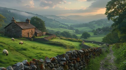 A scenic countryside scene with a patchwork of green fields, divided by stone walls and dotted with...