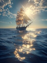 Obraz premium A sailboat navigating through the open waters of a vast sea.