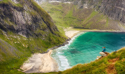 View of the Famous Kvalvika Beach on Moskenes Island in Lofoten, Norway, as Seen from the Ryten Hiking Trail