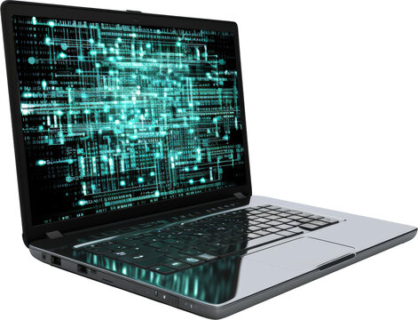 laptop with binary code on screen isolated on white or transparent background,transparency 