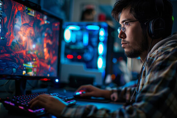 Focused video game designer working at his computer station