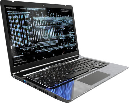 laptop with binary code on screen isolated on white or transparent background,transparency 