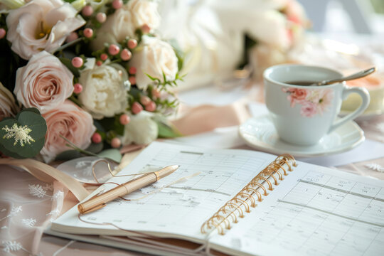 Elegant wedding planning scene with flowers and planner