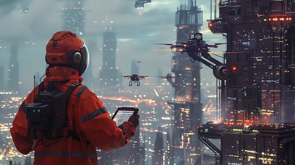 Detailed view of an engineer using a handheld device for AI predictive maintenance, drones inspecting skyscrapers, robotic arms assembling structures, urban background,