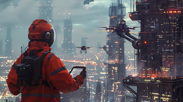 Detailed view of an engineer using a handheld device for AI predictive maintenance, drones inspecting skyscrapers, robotic arms assembling structures, urban background,