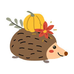 Autumn fall thanksgiving animal character with fall leaves and harvest. Wild animal greeting card for thanksgiving holiday, autumn festival, harvest celebration design.
