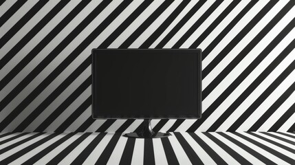 Dramatic pop-art inspired mockup with monitor against black and white striped background