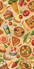 A delightful pattern featuring various Italian foods such as pasta, pizza, and vegetables. The vibrant illustration showcases detailed and colorful representations of different dishes and ingredients,