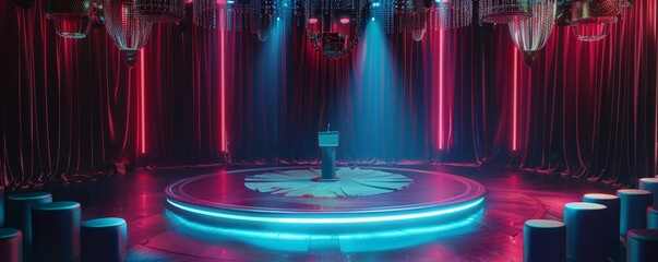 Elegant stage with vibrant lighting and central podium in luxurious setting