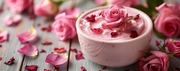Calming rose splash with rose petals, promoting luxury and natural skincare benefits