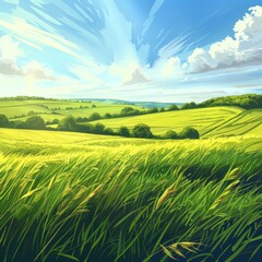 Obraz premium A painting depicting a lush green field under a bright blue sky.