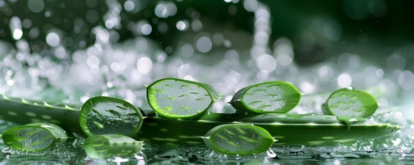 Fresh aloe vera splash with aloe vera leaves, emphasizing hydration and soothing properties