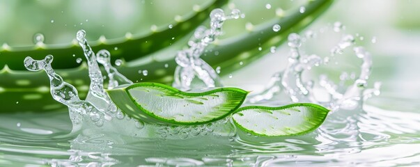 Fresh aloe vera splash with aloe vera leaves, emphasizing hydration and soothing properties
